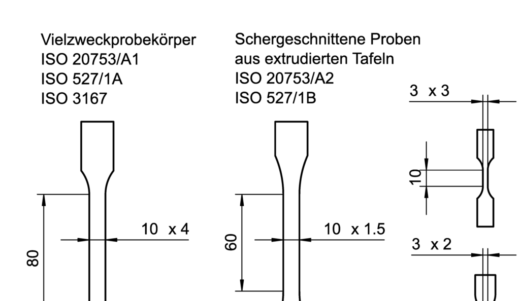 Verschiedene verwendete Zugprobenkörper mit den Soll-Massen in mm.